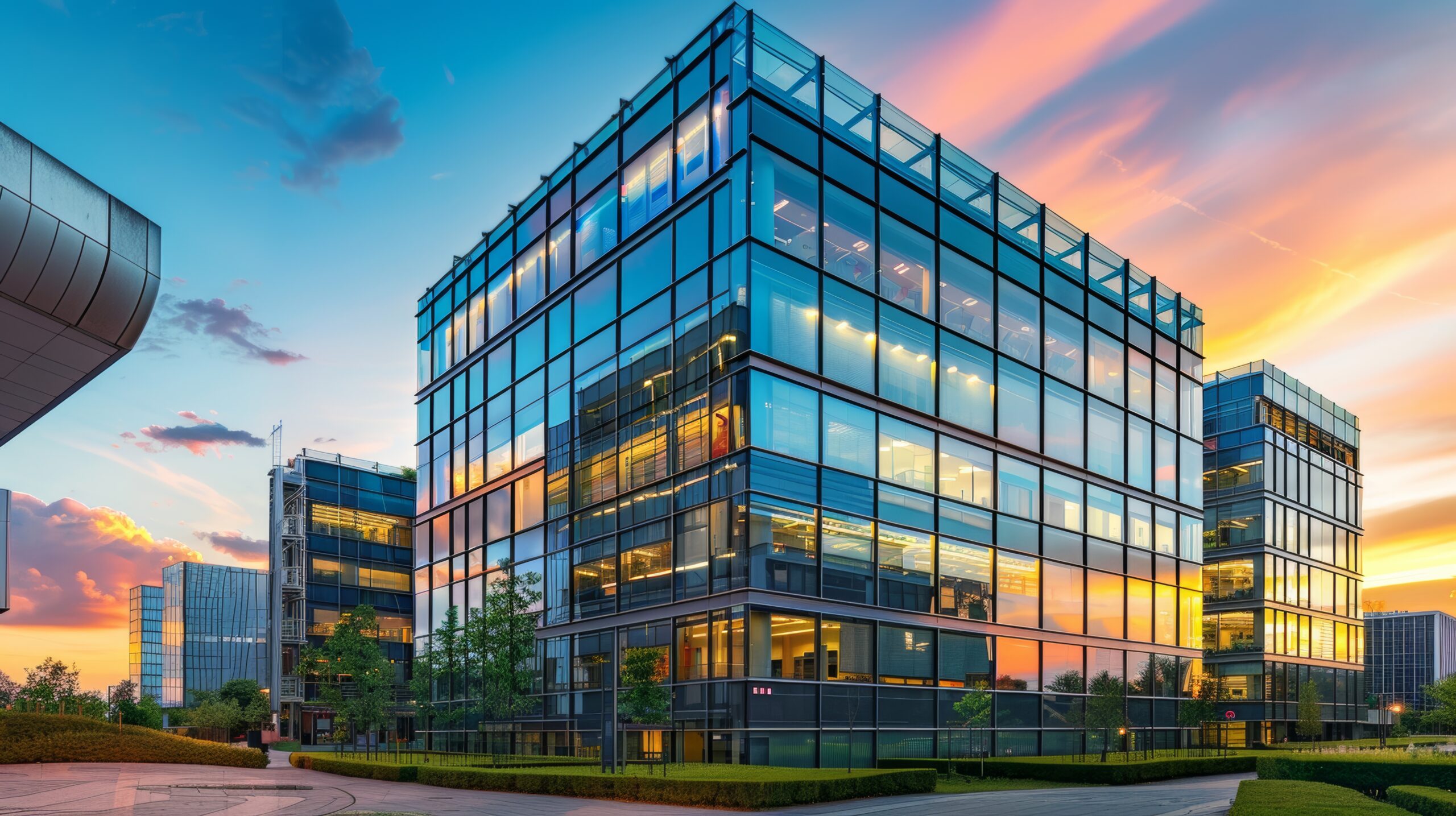 Modern office building in the evening.